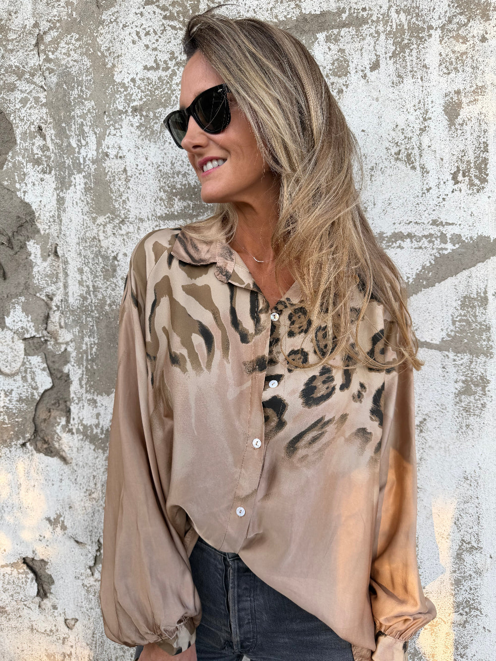 Leopard Print Bubble Sleeve Silk Blend Blouse