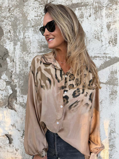 Leopard Print Bubble Sleeve Silk Blend Blouse