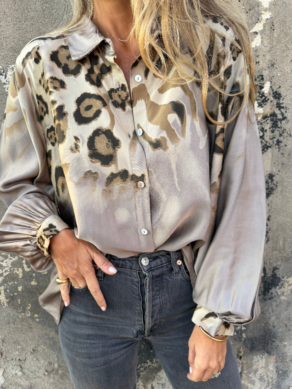 Leopard Print Bubble Sleeve Silk Blend Blouse