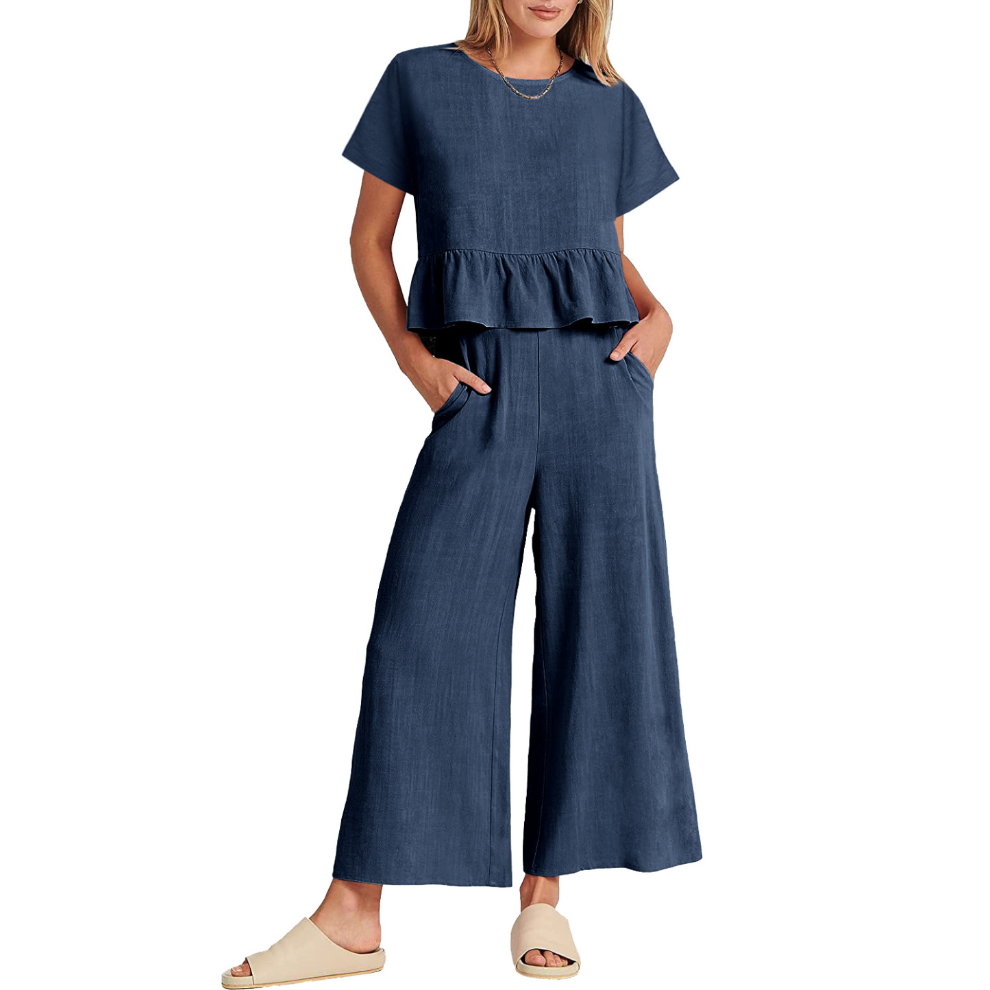 2024 Women's New Summer Short-Sleeved Pleated Wide-Leg ninth pants casual suit