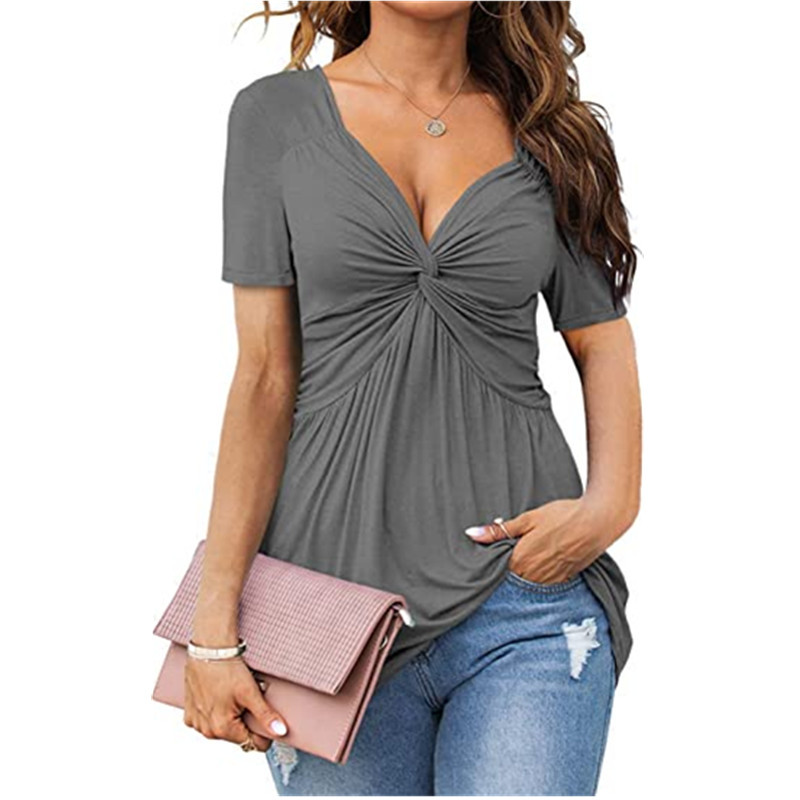 Women's Summer Oversized Front-Knot V-Neck Tee