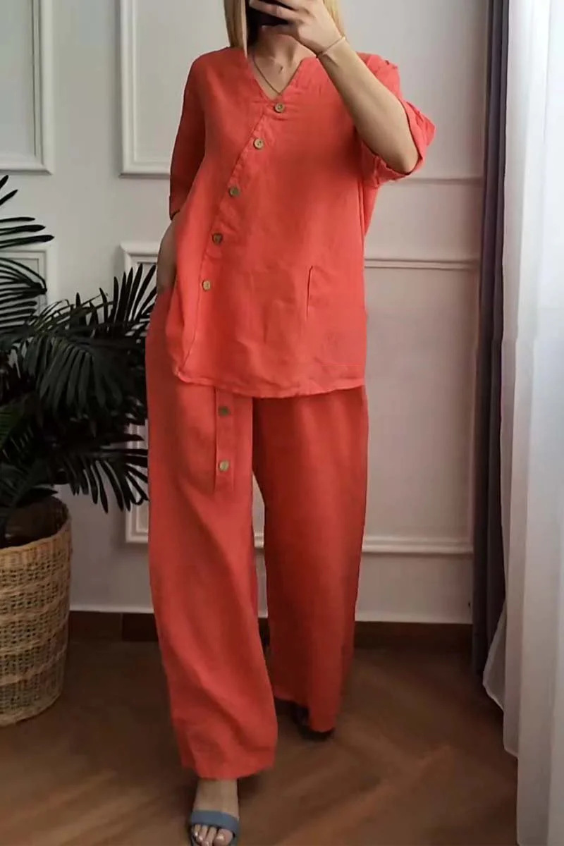 Women's Cotton & linen casual Short Sleeve Shirt & Pants Set