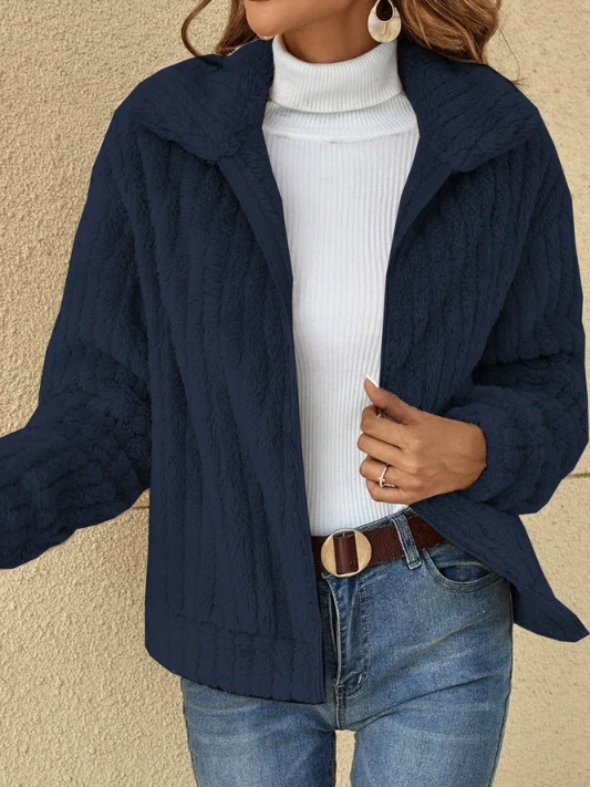 Short Jacket Lapel Zipper Warm Plush Fleece Casual Winter Coat