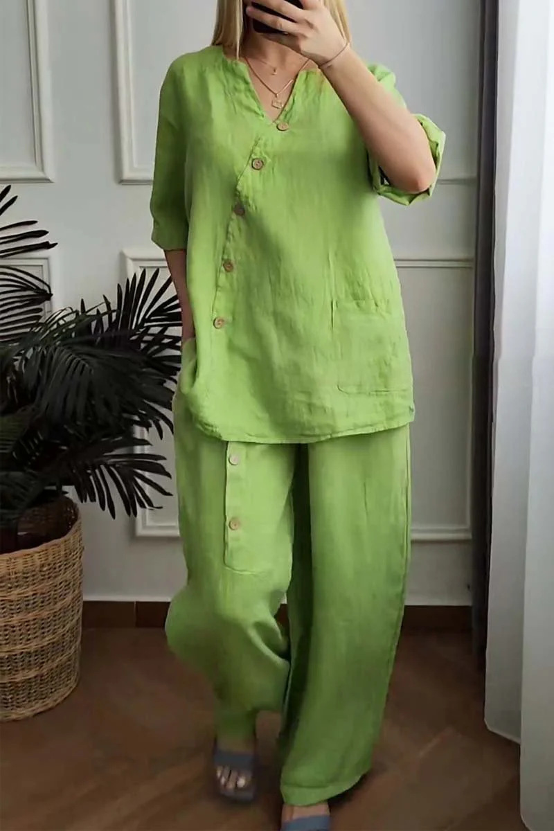 Women's Cotton & linen casual Short Sleeve Shirt & Pants Set