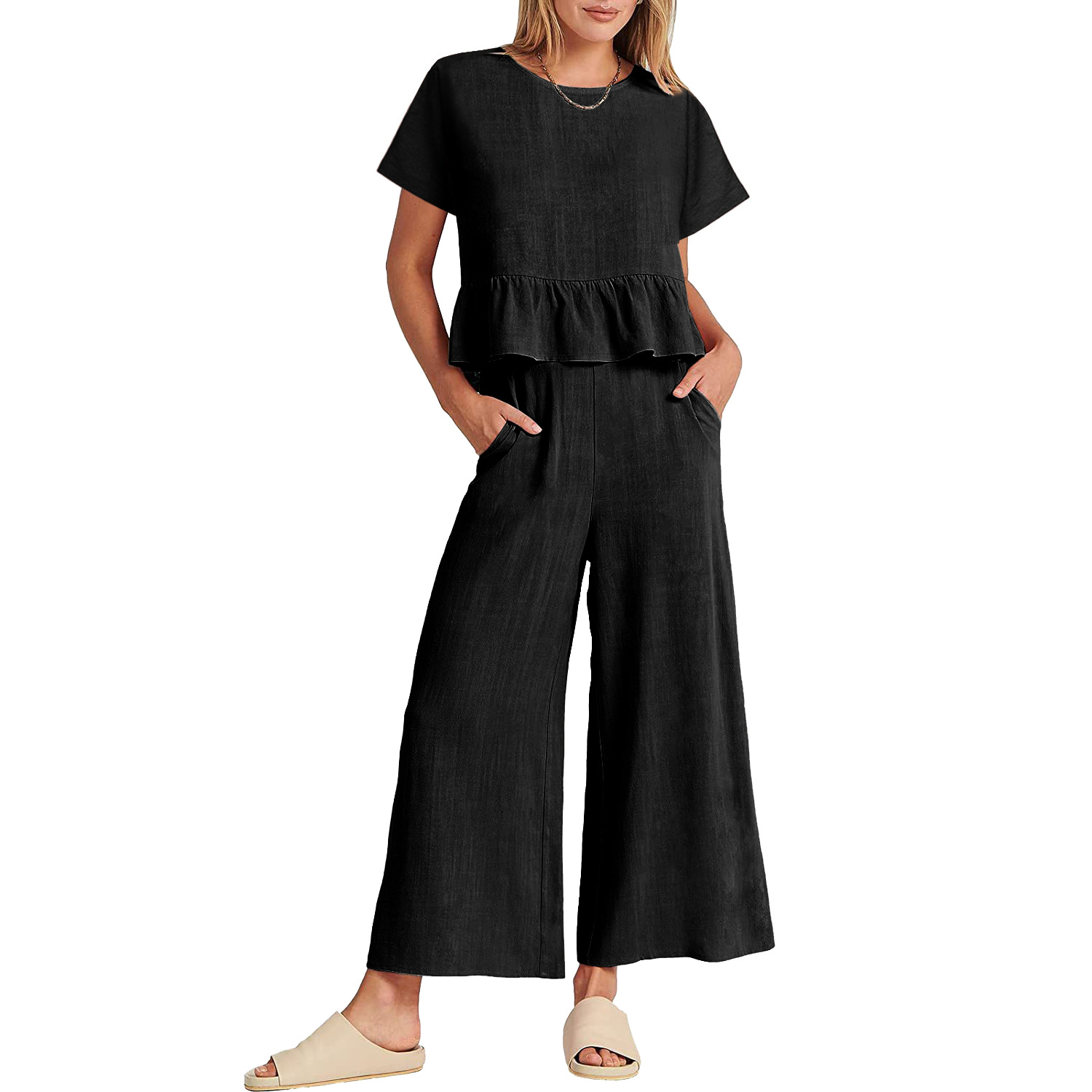 2024 Women's New Summer Short-Sleeved Pleated Wide-Leg ninth pants casual suit