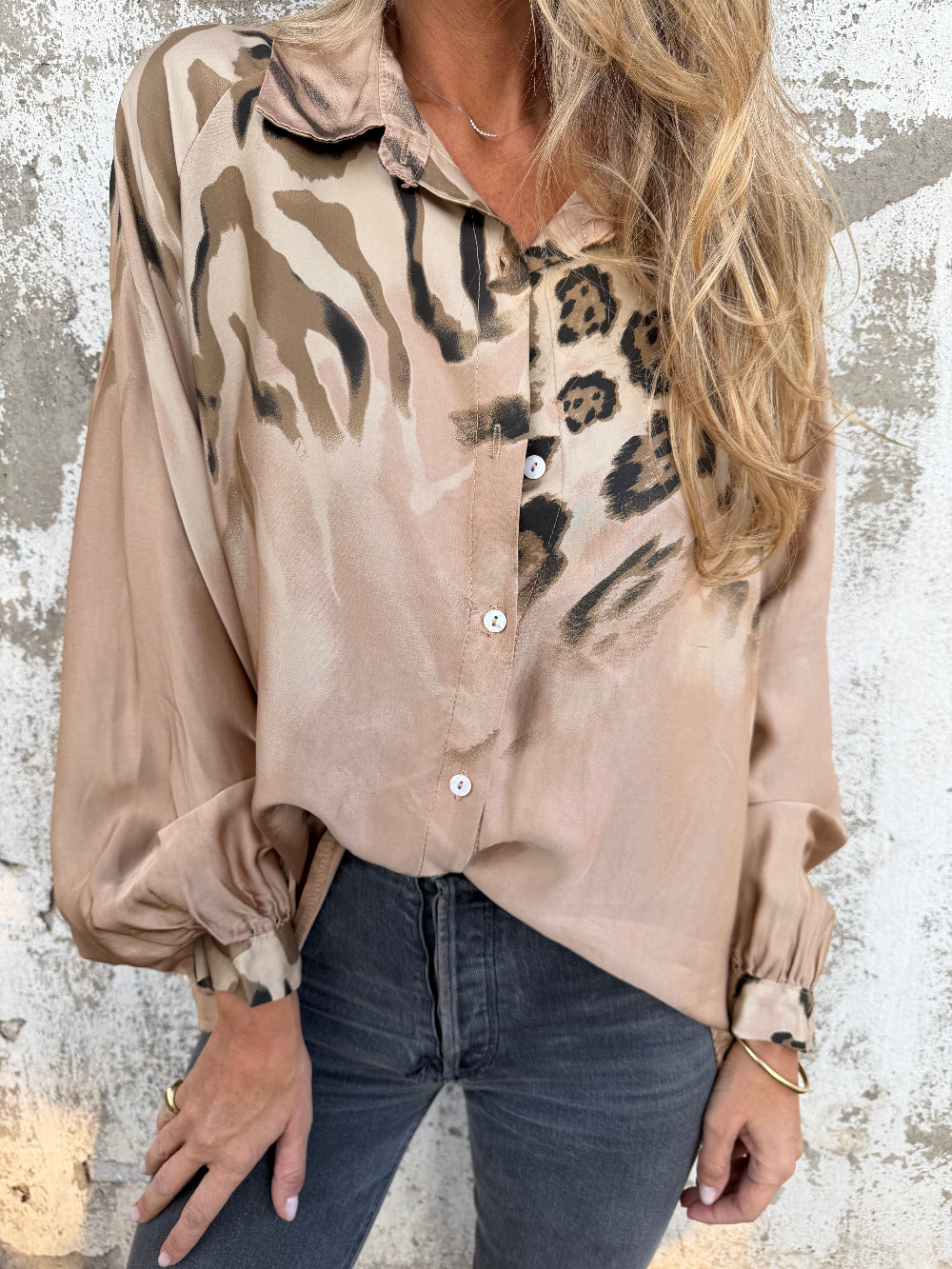 Leopard Print Bubble Sleeve Silk Blend Blouse