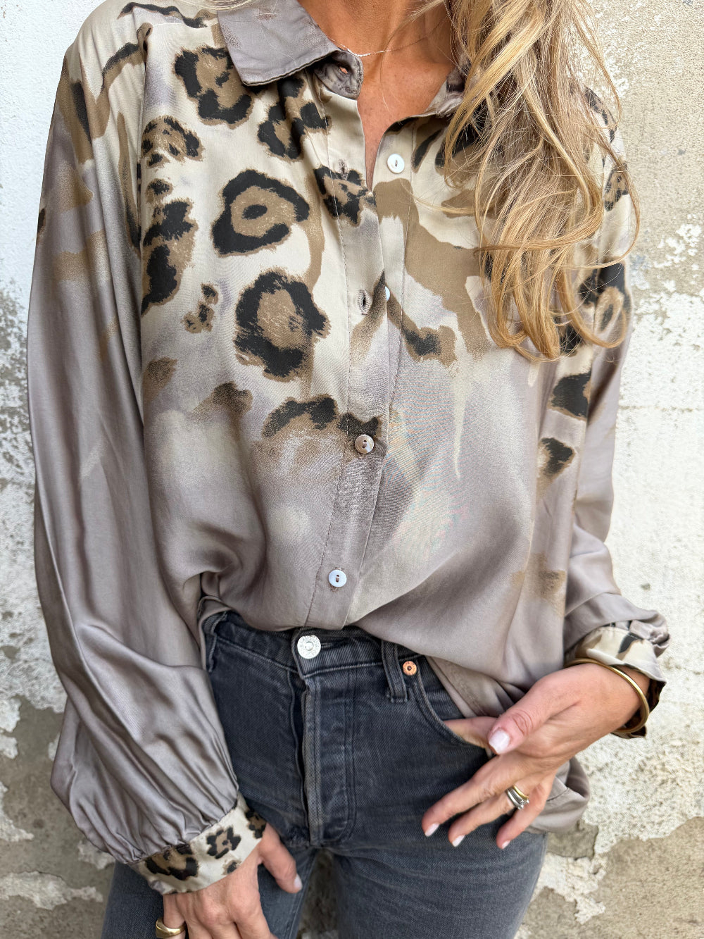 Leopard Print Bubble Sleeve Silk Blend Blouse
