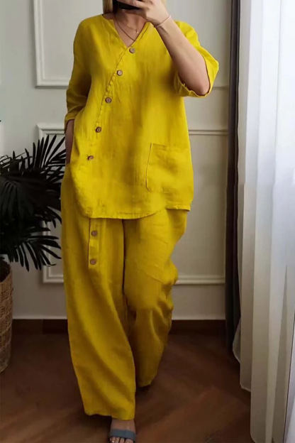 Women's Cotton & linen casual Short Sleeve Shirt & Pants Set