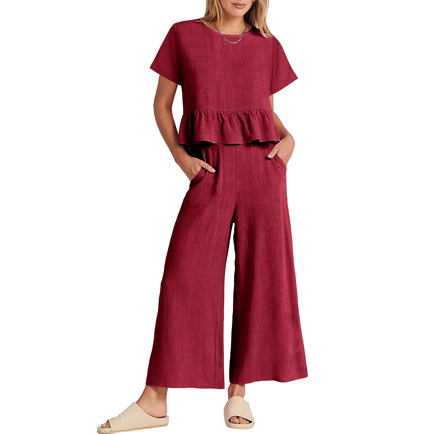 2024 Women's New Summer Short-Sleeved Pleated Wide-Leg ninth pants casual suit