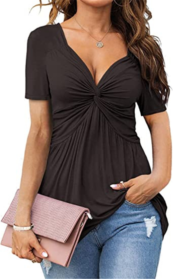 Women's Summer Oversized Front-Knot V-Neck Tee