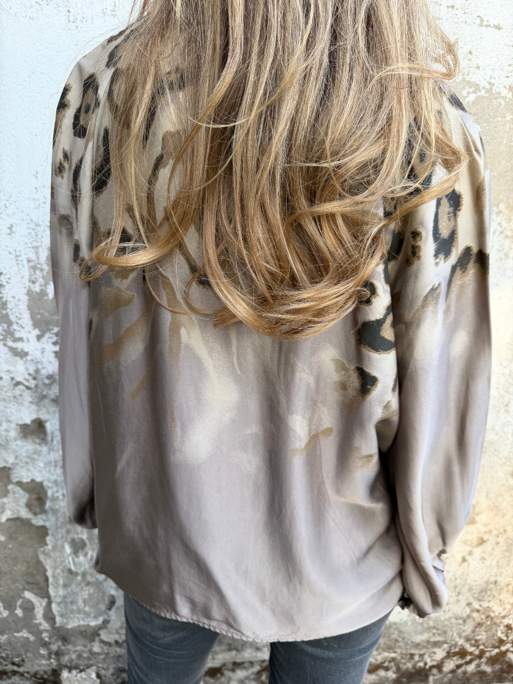 Leopard Print Bubble Sleeve Silk Blend Blouse