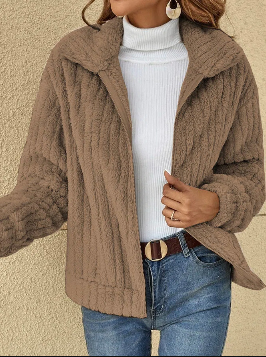 Short Jacket Lapel Zipper Warm Plush Fleece Casual Winter Coat
