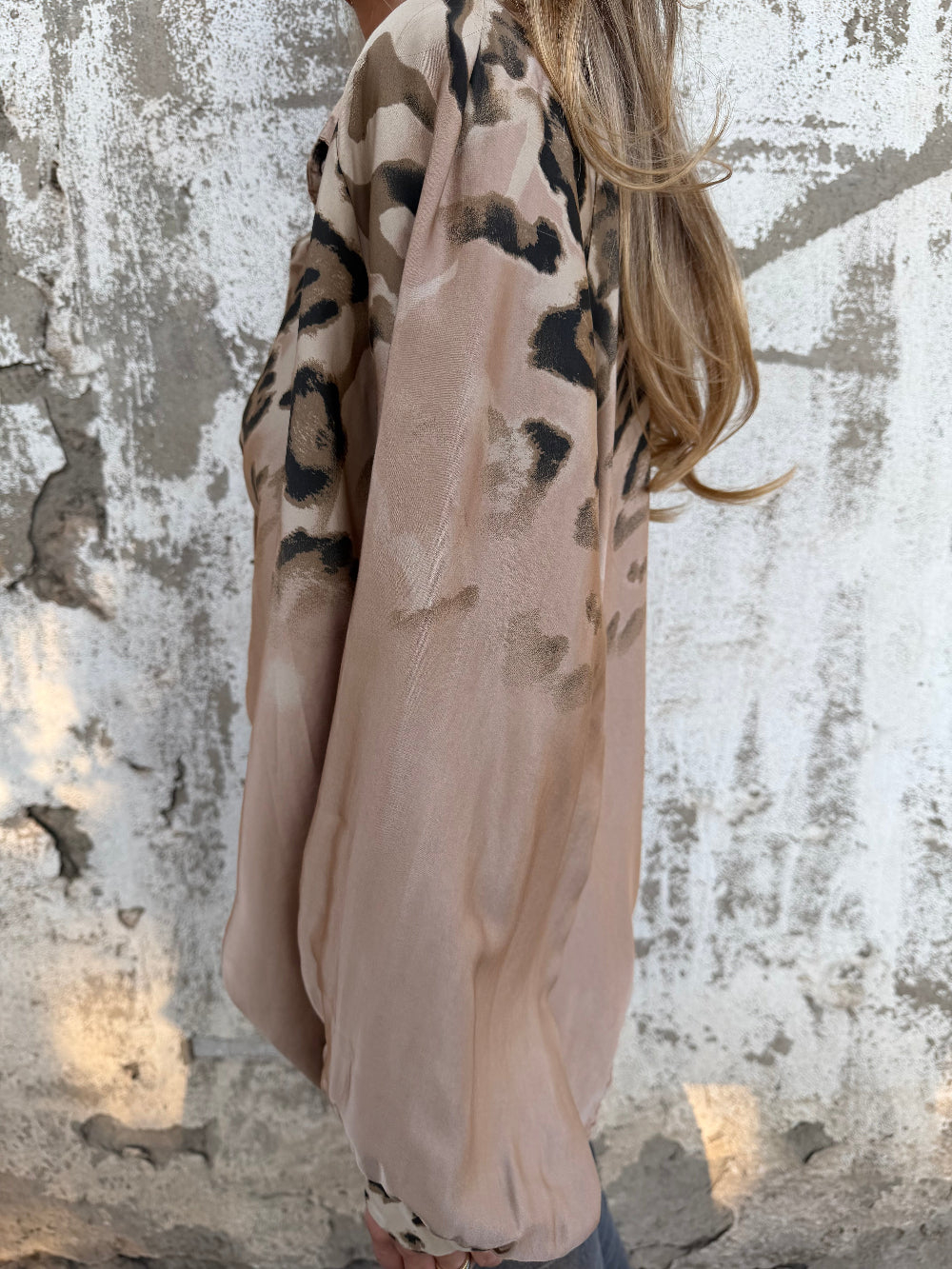 Leopard Print Bubble Sleeve Silk Blend Blouse