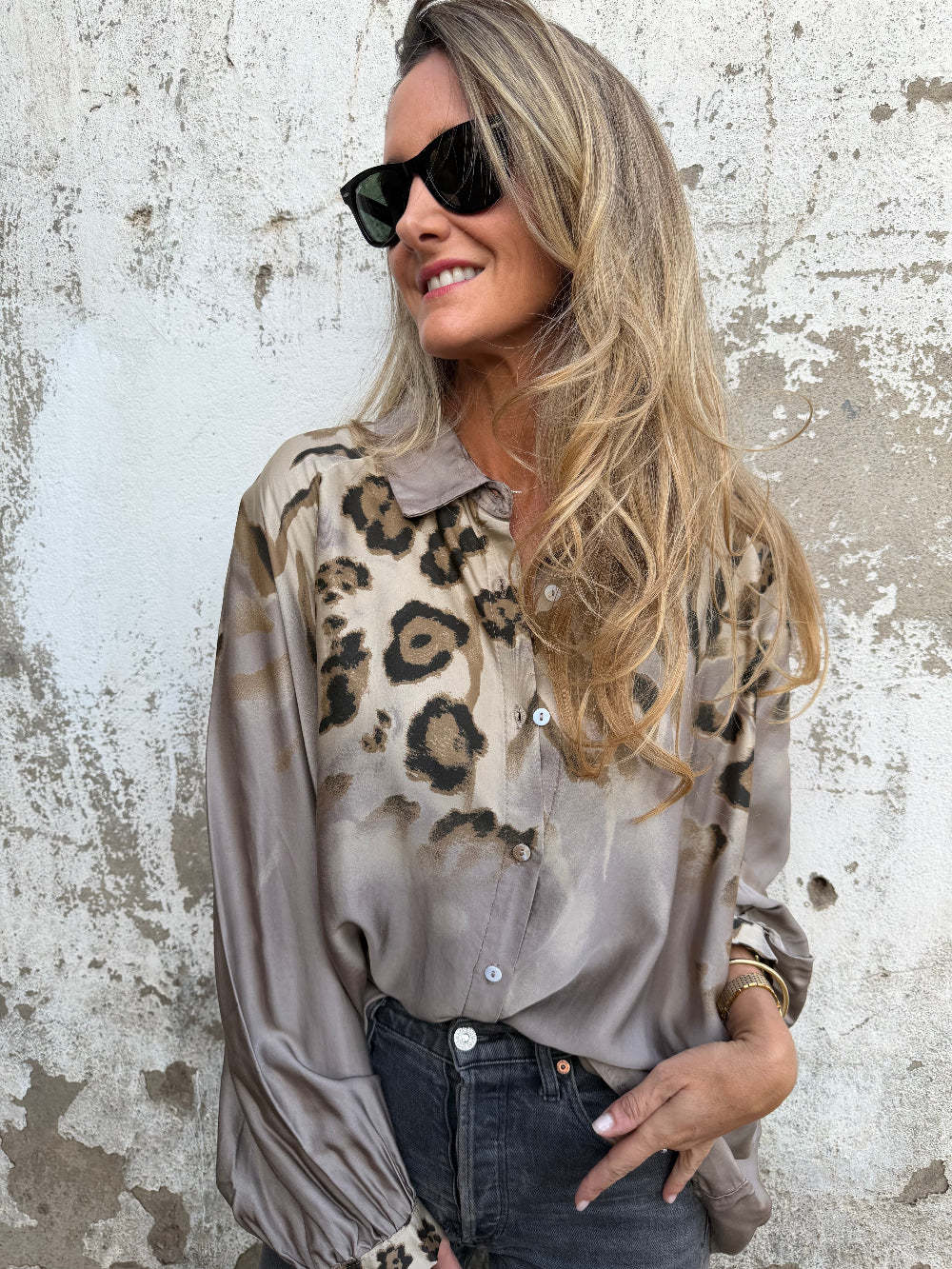 Leopard Print Bubble Sleeve Silk Blend Blouse