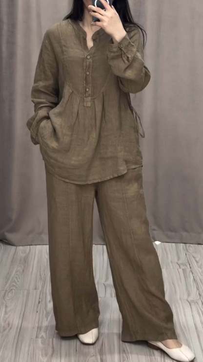 Women's Cotton & linen casual Buttoned Shirt suit pants with pocket
