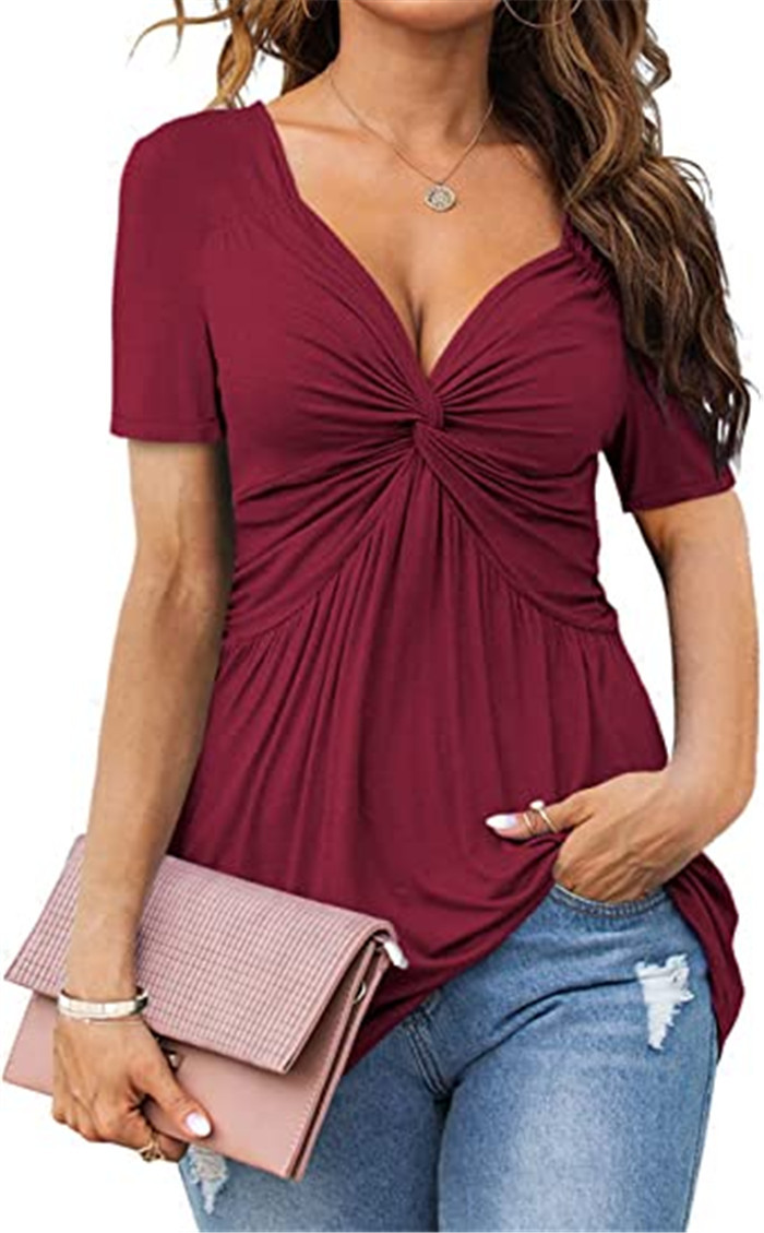 Women's Summer Oversized Front-Knot V-Neck Tee