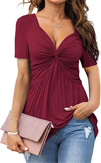 Women's Summer Oversized Front-Knot V-Neck Tee