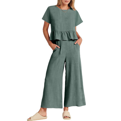 2024 Women's New Summer Short-Sleeved Pleated Wide-Leg ninth pants casual suit
