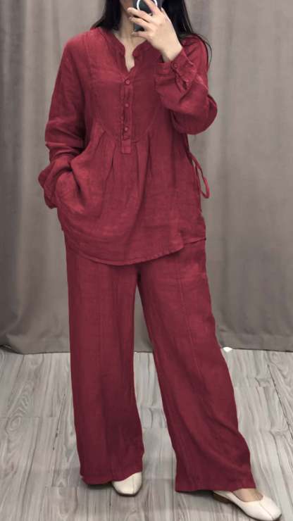 Women's Cotton & linen casual Buttoned Shirt suit pants with pocket
