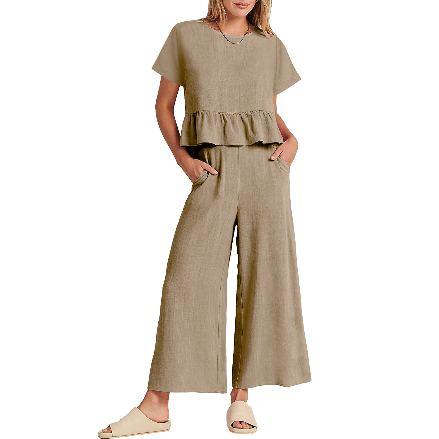 2024 Women's New Summer Short-Sleeved Pleated Wide-Leg ninth pants casual suit