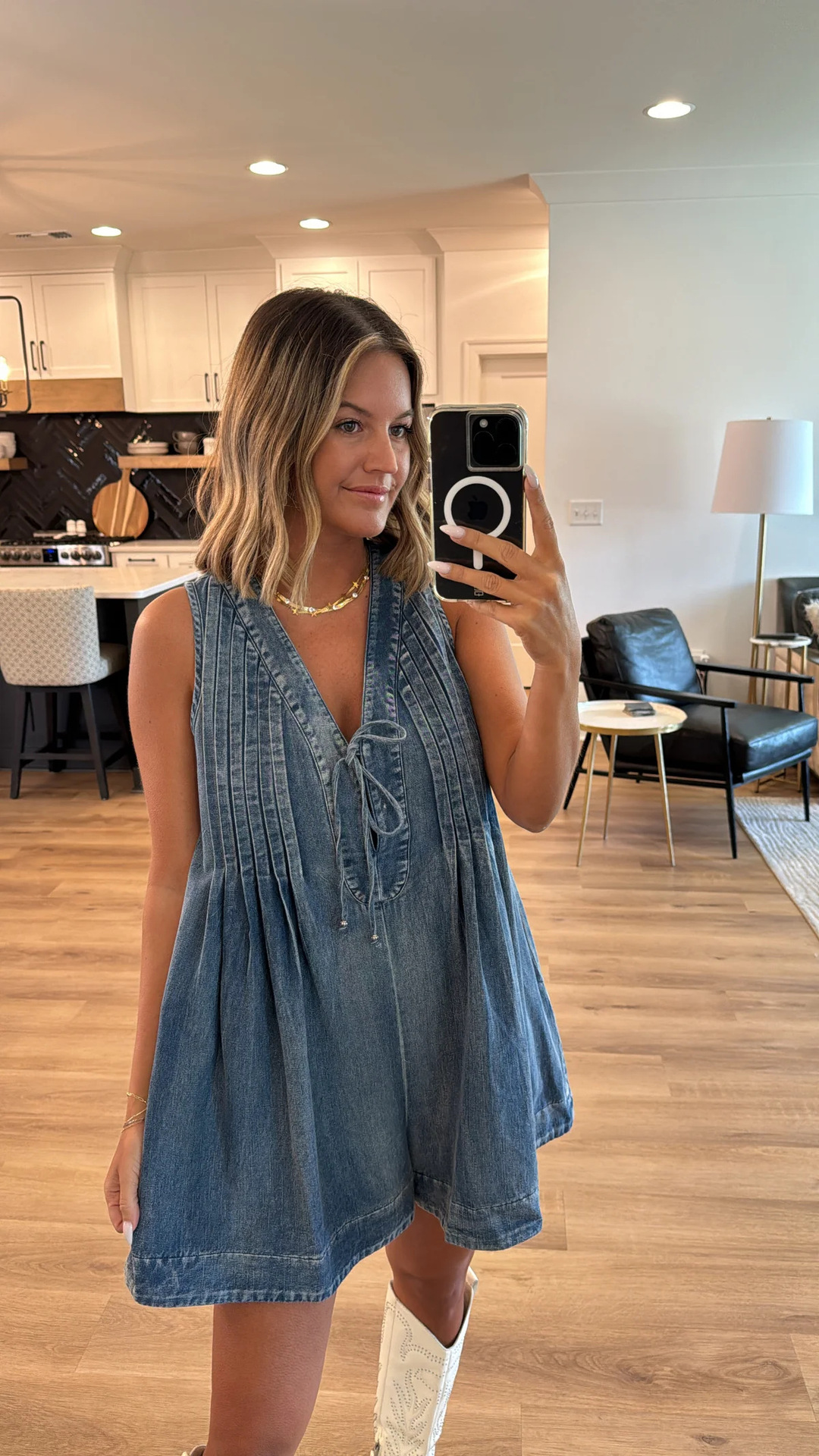 Denim V-Neck Tie-Front Dress