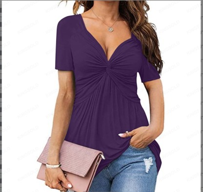 Women's Summer Oversized Front-Knot V-Neck Tee