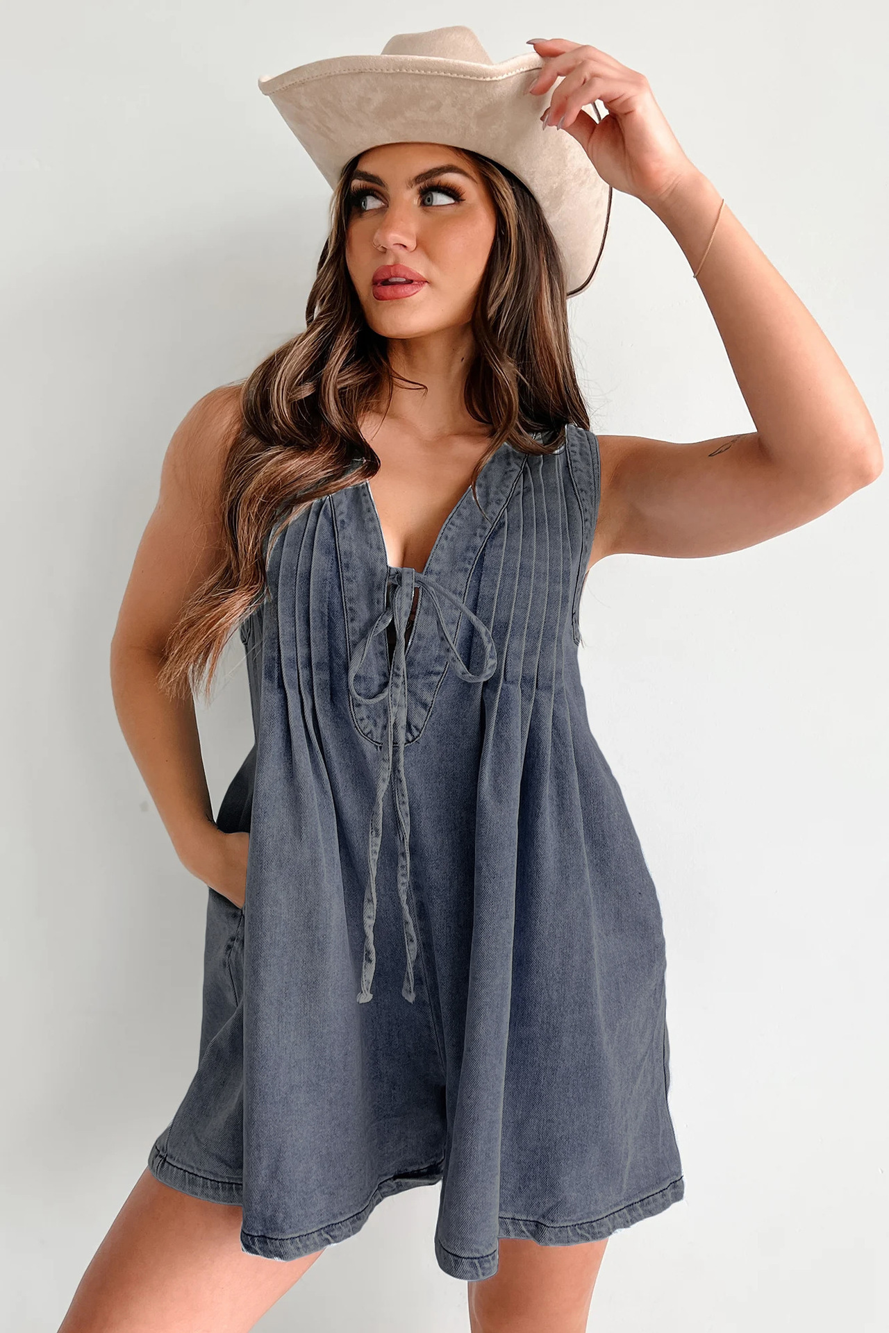 Denim V-Neck Tie-Front Dress