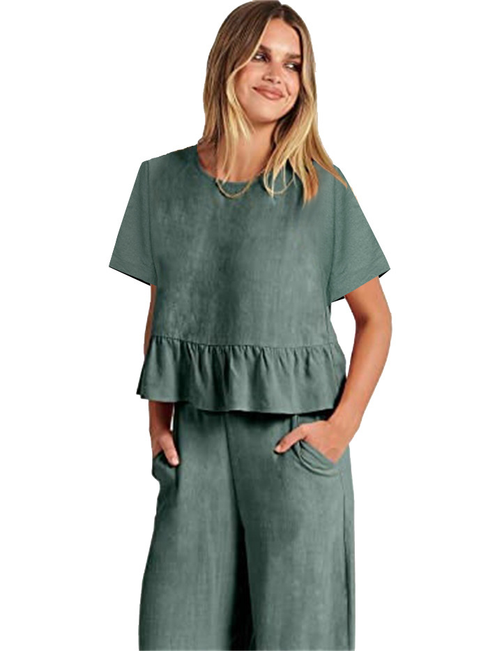 2024 Women's New Summer Short-Sleeved Pleated Wide-Leg ninth pants casual suit