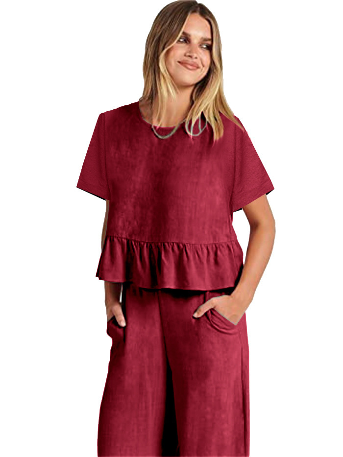 2024 Women's New Summer Short-Sleeved Pleated Wide-Leg ninth pants casual suit