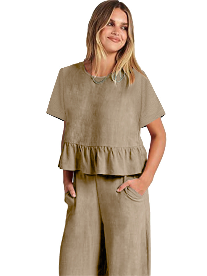 2024 Women's New Summer Short-Sleeved Pleated Wide-Leg ninth pants casual suit