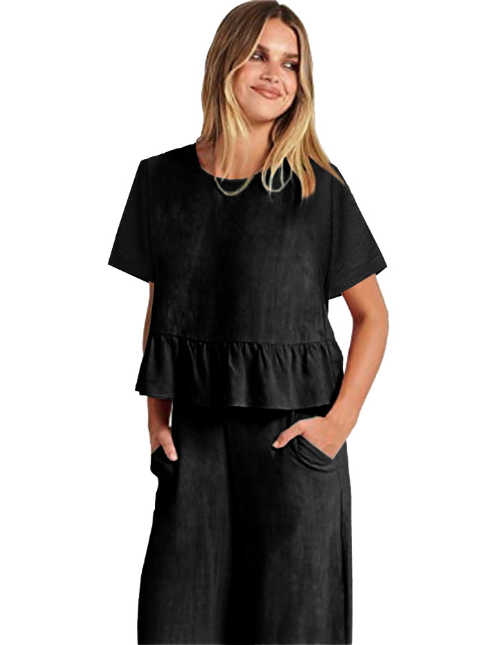 2024 Women's New Summer Short-Sleeved Pleated Wide-Leg ninth pants casual suit