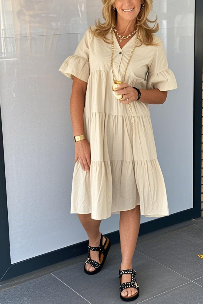 V-Neck BottonMaxi Dress With Pockets