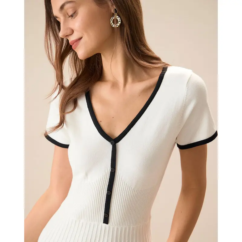 Women's White Contrasting Sweater Midi Dress