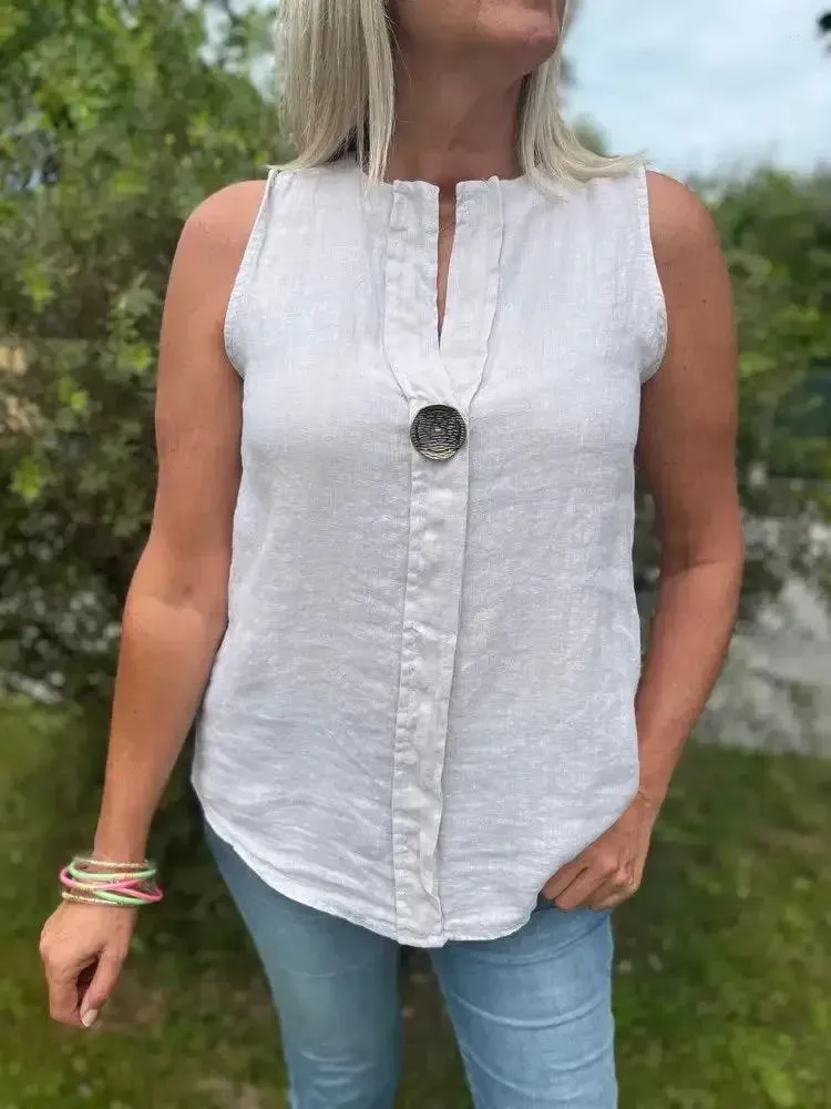Women's Linen V-Neck Button Top