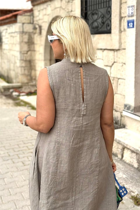 V Neck Back Detail Double Pocket Cotton Linen Dress