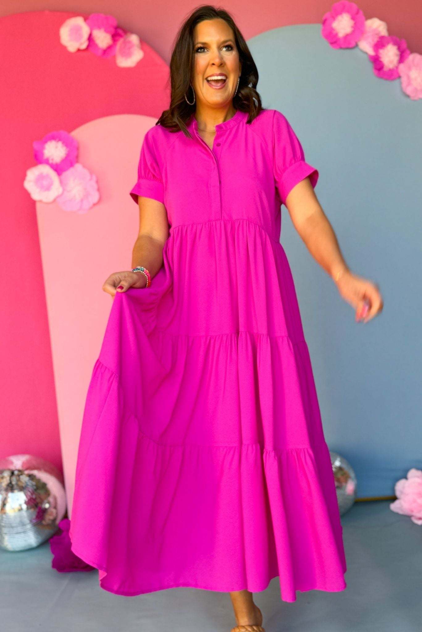 Button Front Tiered Short Sleeve Maxi Dress