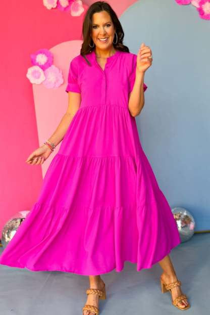Button Front Tiered Short Sleeve Maxi Dress