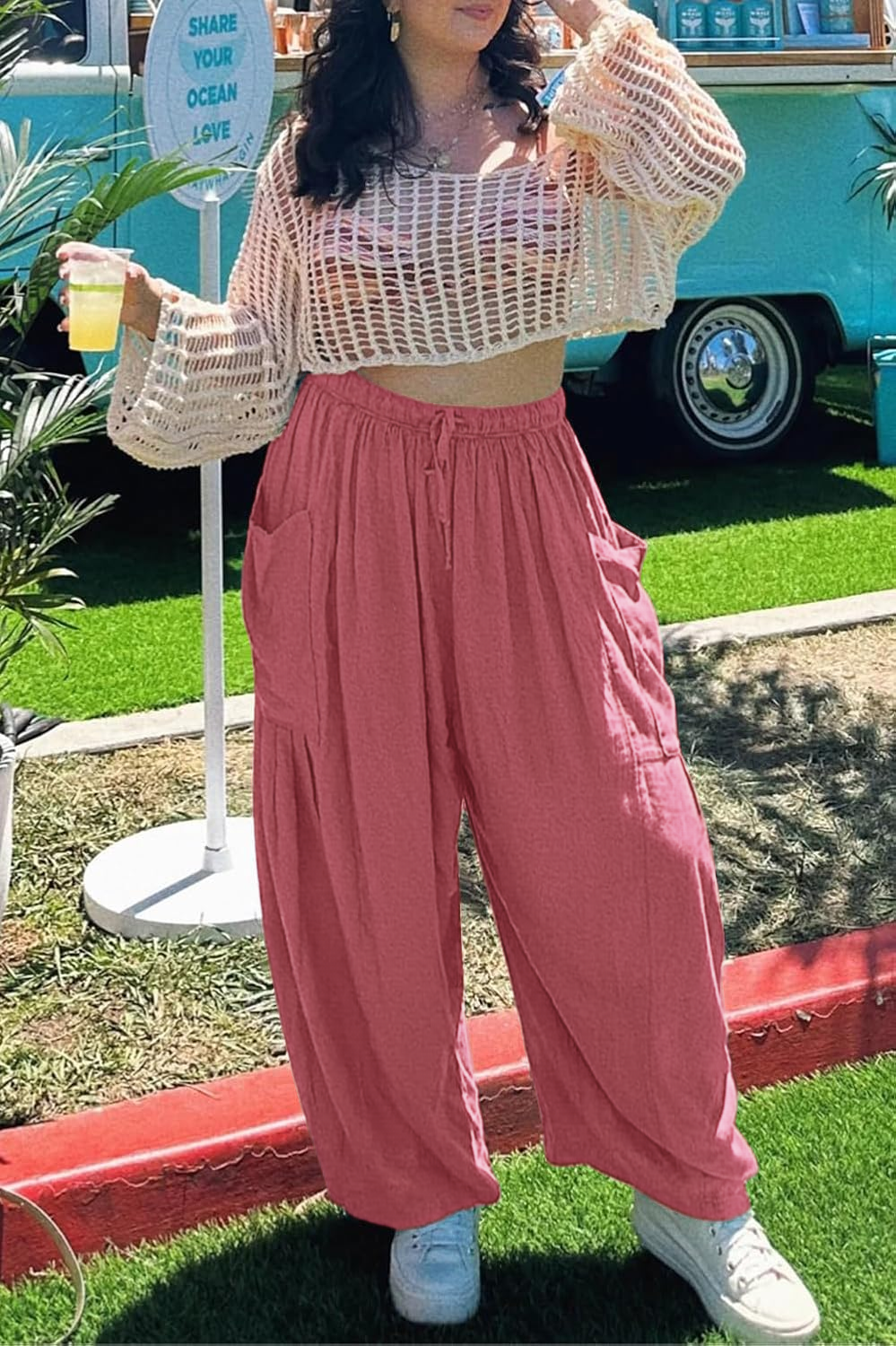 Womens Linen Wide Leg Pants Casual Loose Drawstring Low Waist Beach Palazzo Harem Pants with Pockets