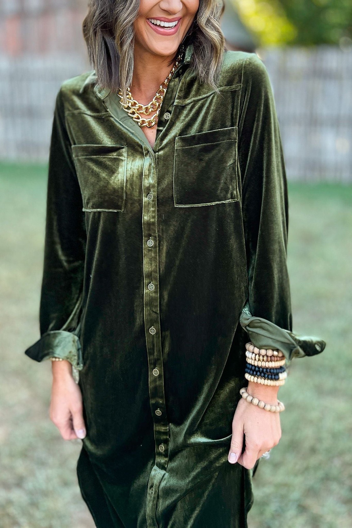 Olive Velvet Collared Button Down Midi Dress