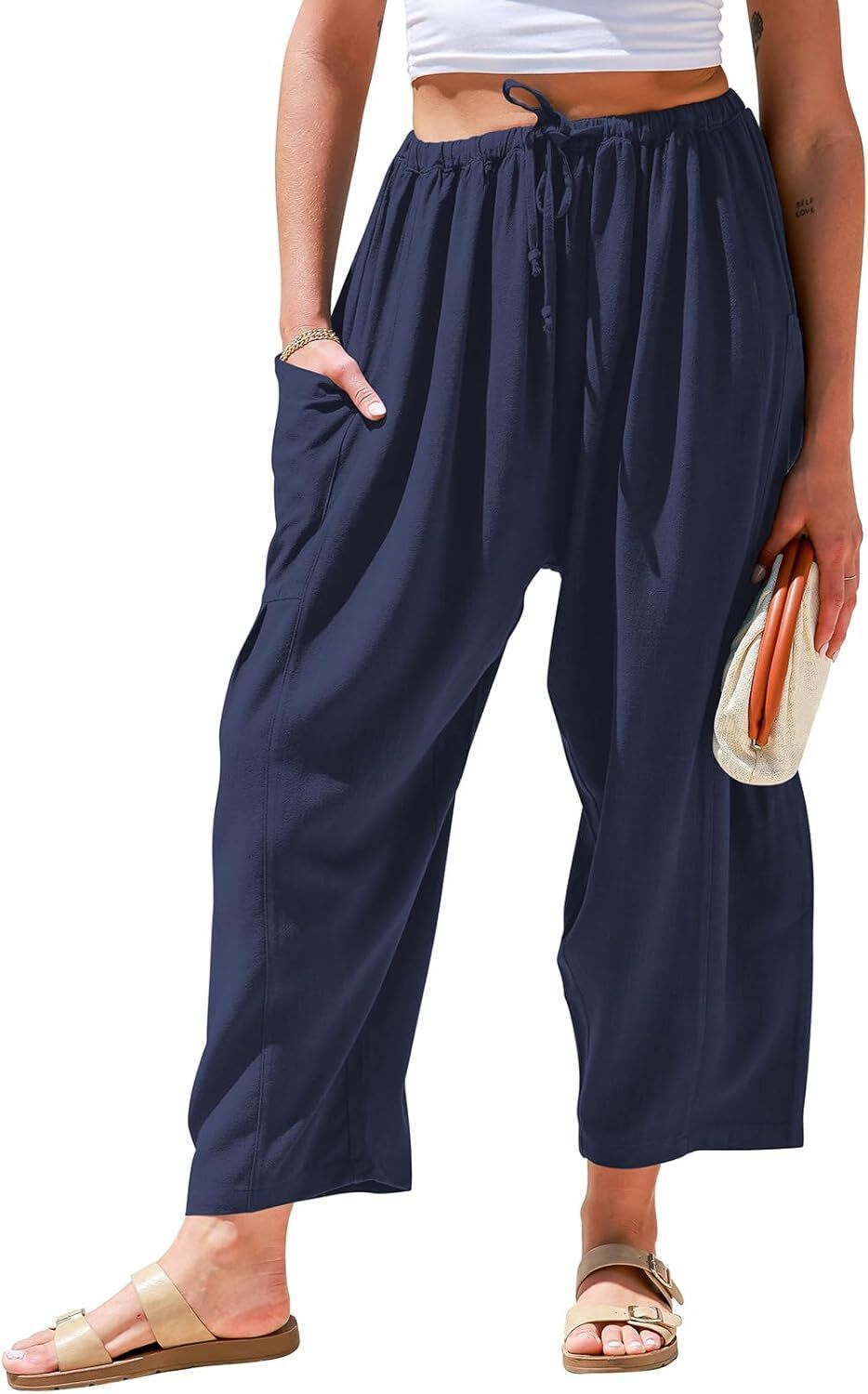 Womens Linen Wide Leg Pants Casual Loose Drawstring Low Waist Beach Palazzo Harem Pants with Pockets