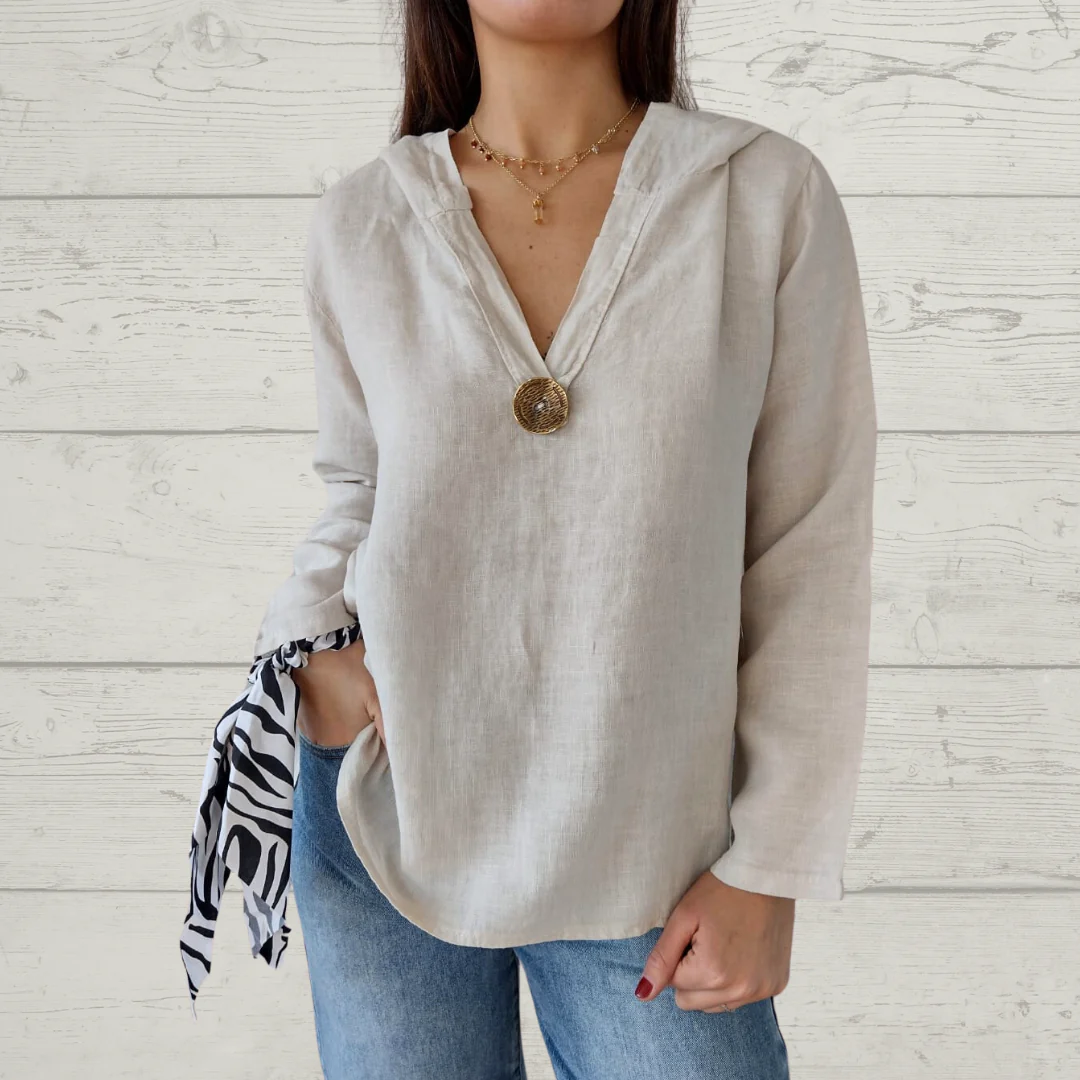 Women's cotton linen long sleeve top with hood