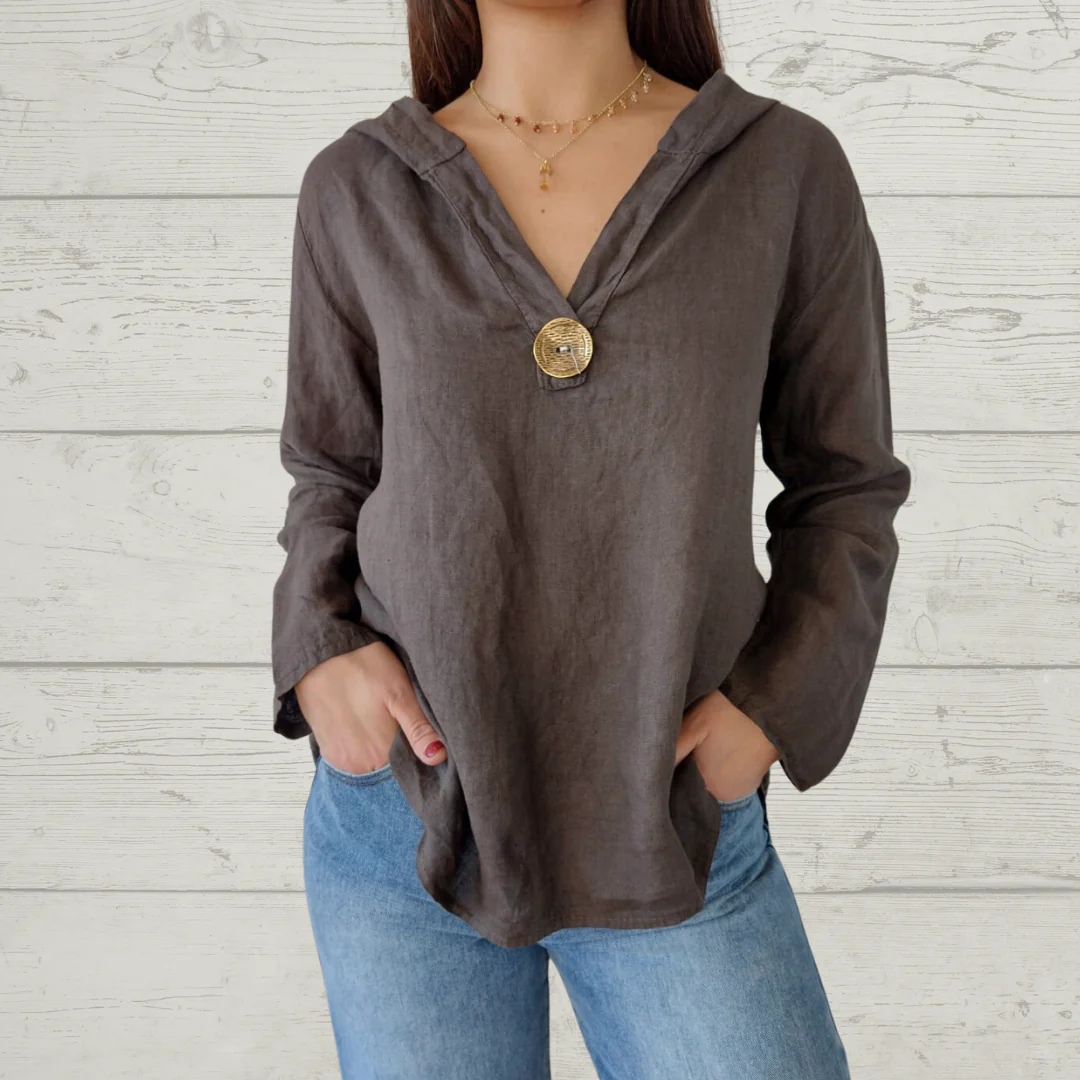 Women's cotton linen long sleeve top with hood