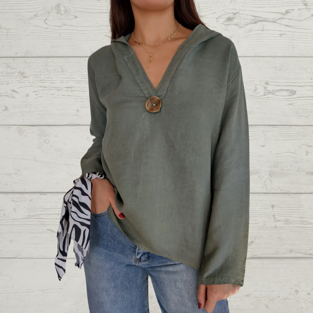 Women's cotton linen long sleeve top with hood