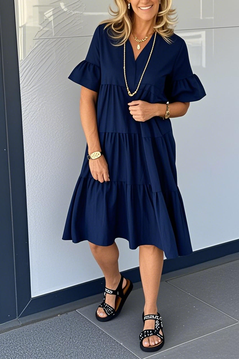 V-Neck BottonMaxi Dress With Pockets