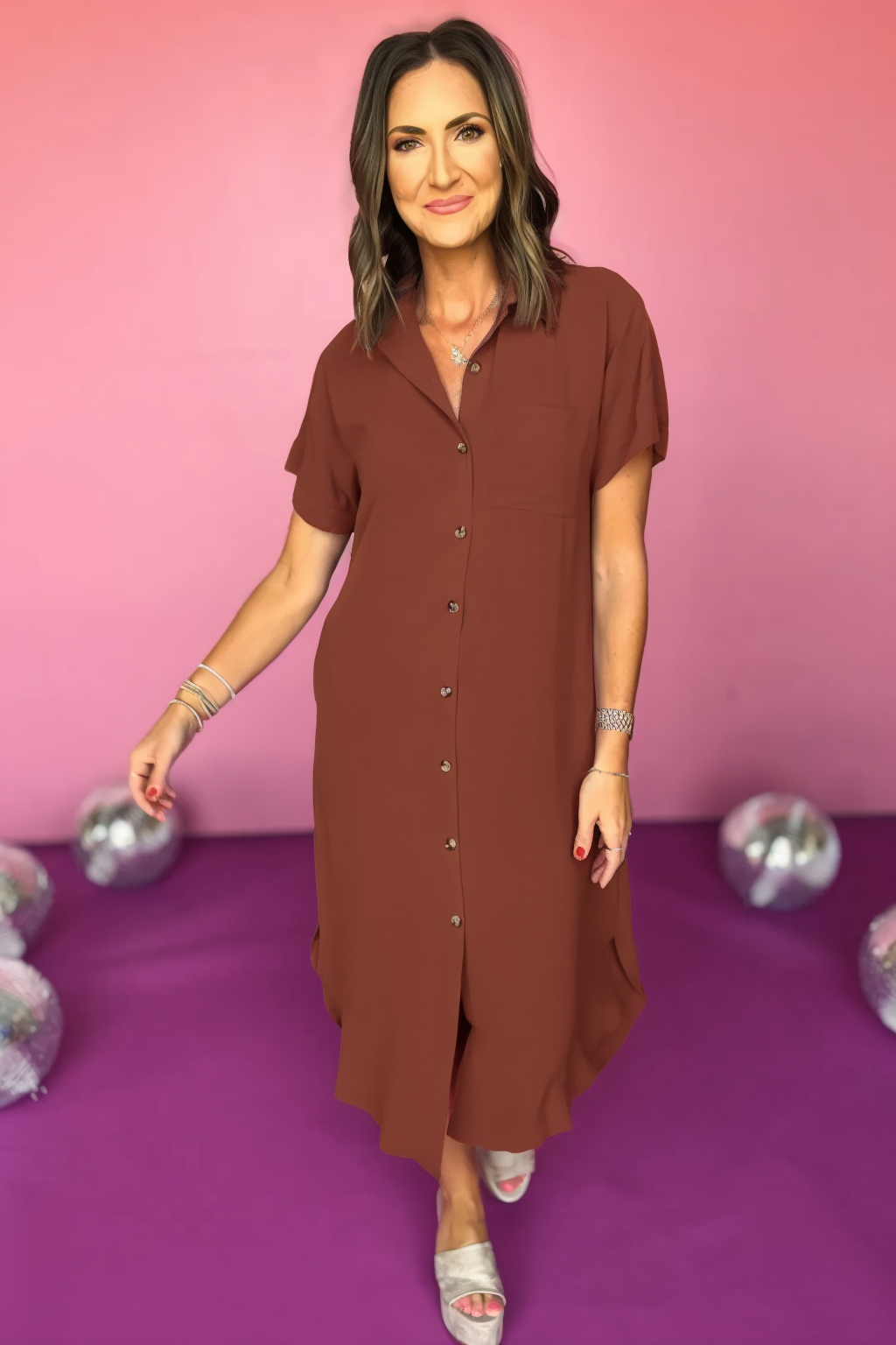 Casual Holiday Dress Button Down Midi Dress