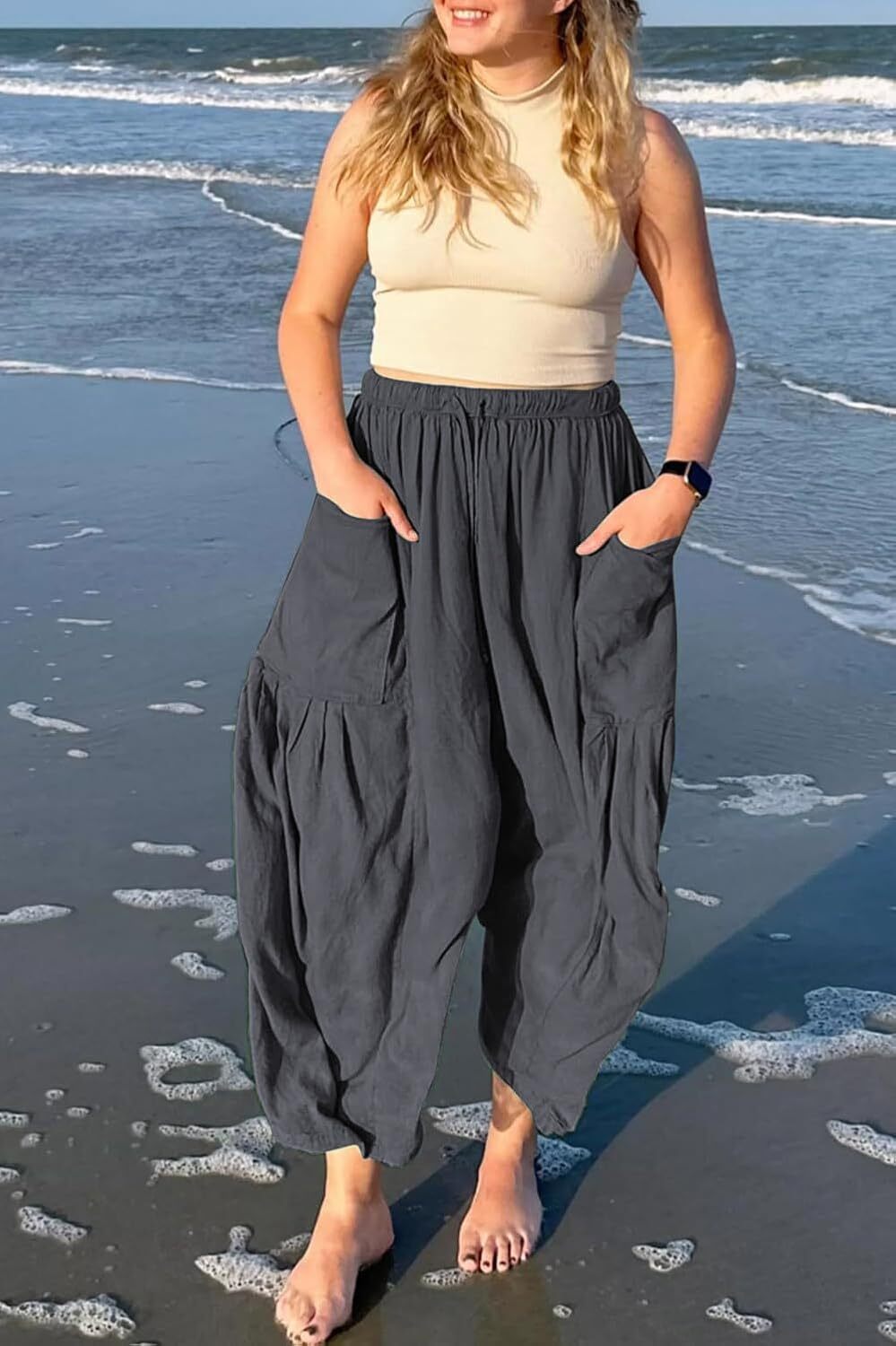 Womens Linen Wide Leg Pants Casual Loose Drawstring Low Waist Beach Palazzo Harem Pants with Pockets