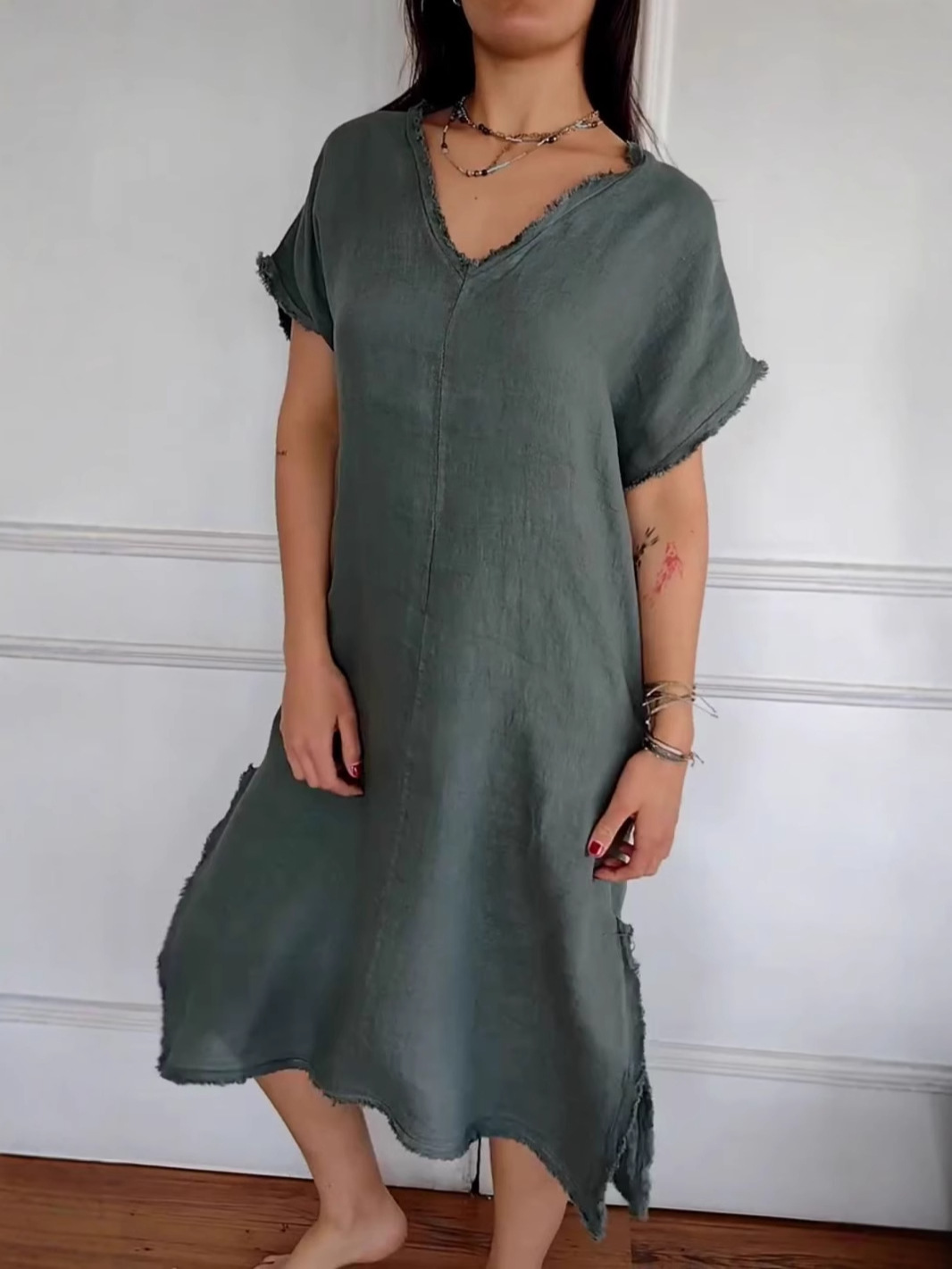 ??NEW IN??V-Neck Linen Loose Casual Dress