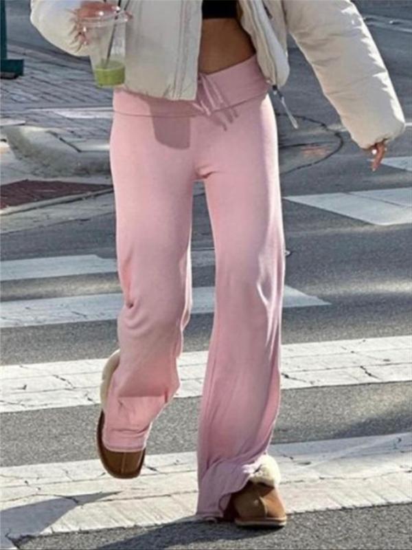 Women's Solid Drawstring Foldover WaistStraight Leg Pants, Pants for Women, FashionCasual Drop Waist Trousers For Daily OutdoorWear, Summer Outfits 2024