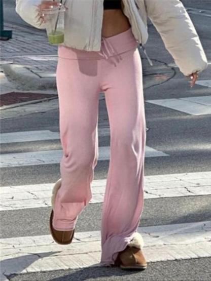 Women's Solid Drawstring Foldover WaistStraight Leg Pants, Pants for Women, FashionCasual Drop Waist Trousers For Daily OutdoorWear, Summer Outfits 2024