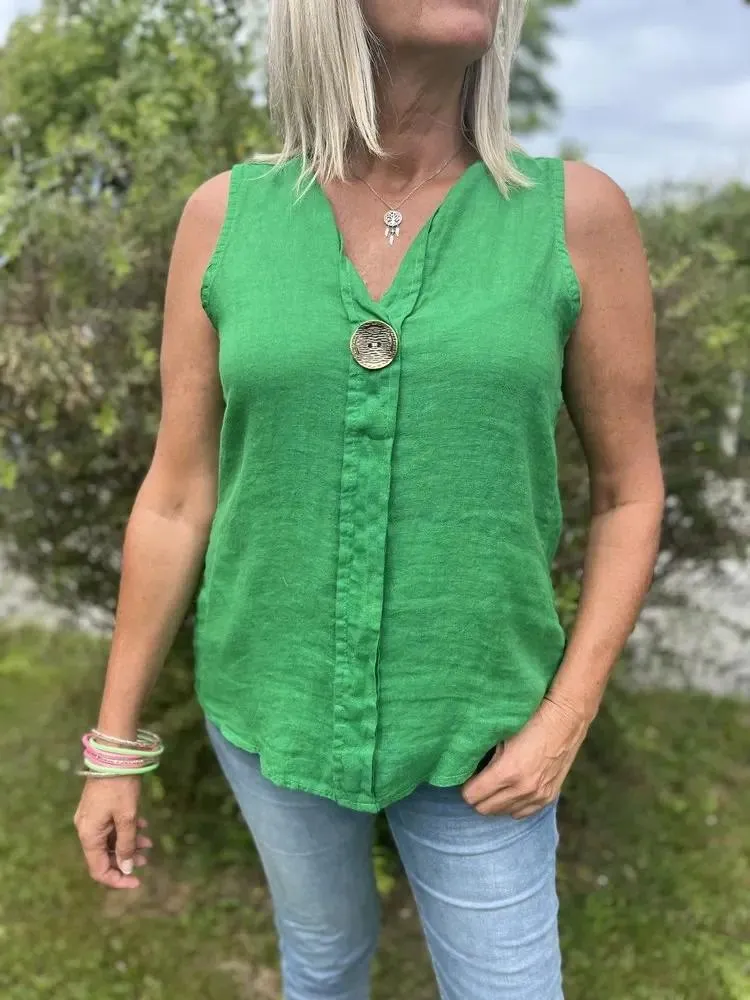 Women's Linen V-Neck Button Top